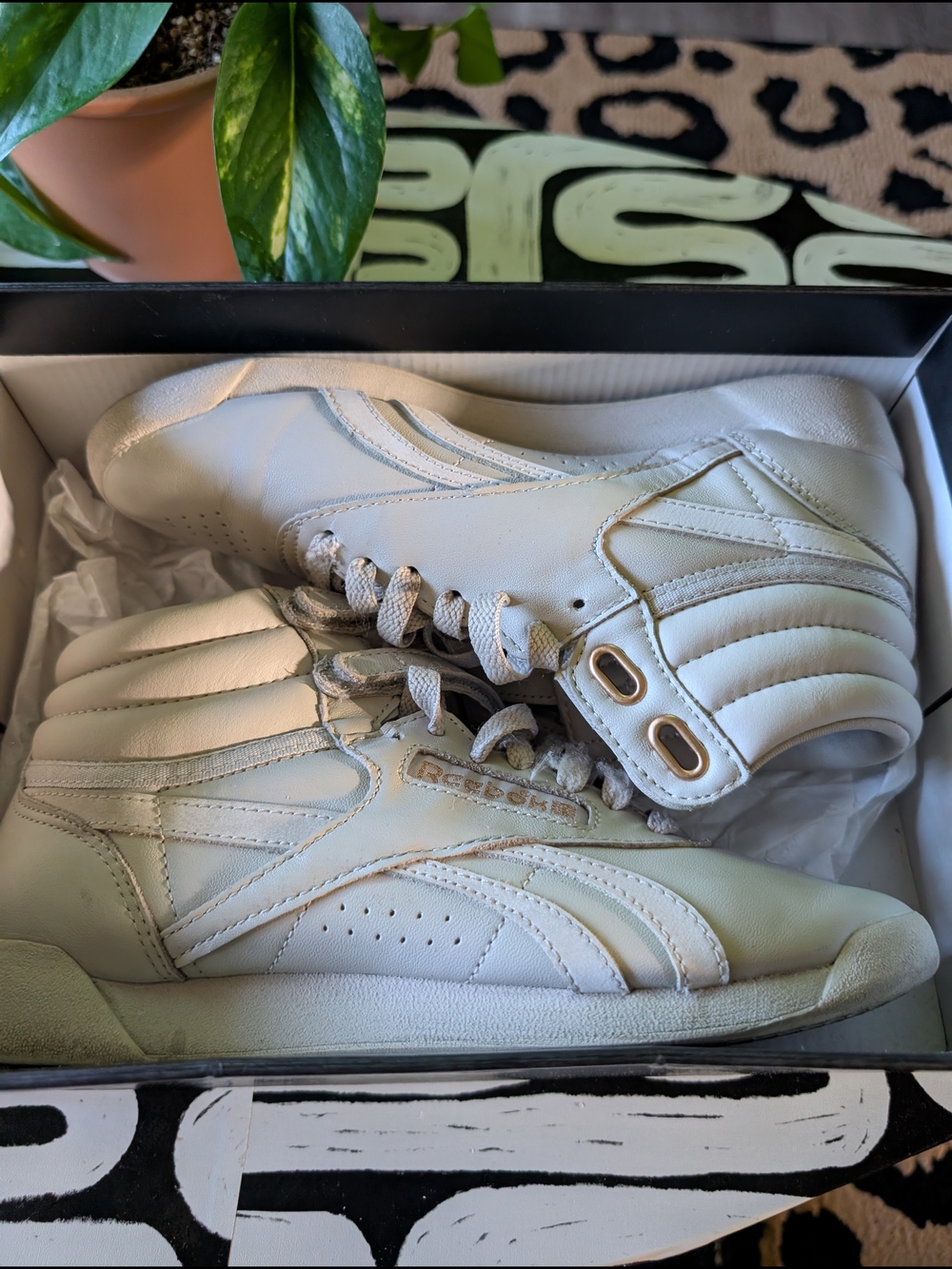 Cardi B Collaboration Reebok High-Top Leather Sneakers with Gold-Tone Eyelets